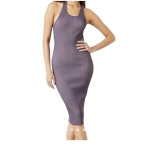 Le Ore Bandier Sea Fog Purple Ribbed Knit Bodycon Open Back Midi Dress Sz S NEW